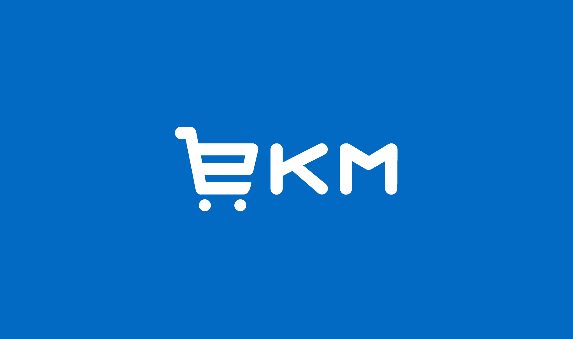 White EKM logo with a shopping trolley icon on a blue background
