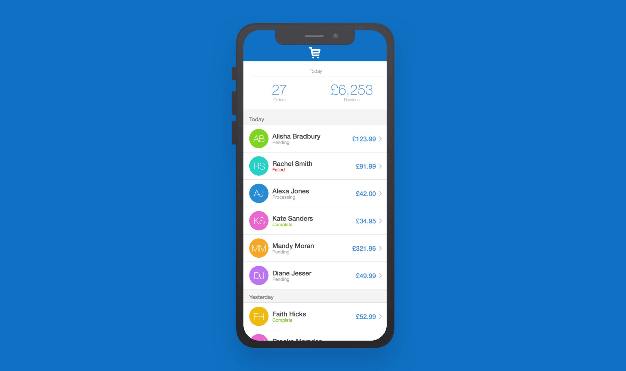 EKM Customers and Orders app on a phone listing today’s orders, revenue and order statuses