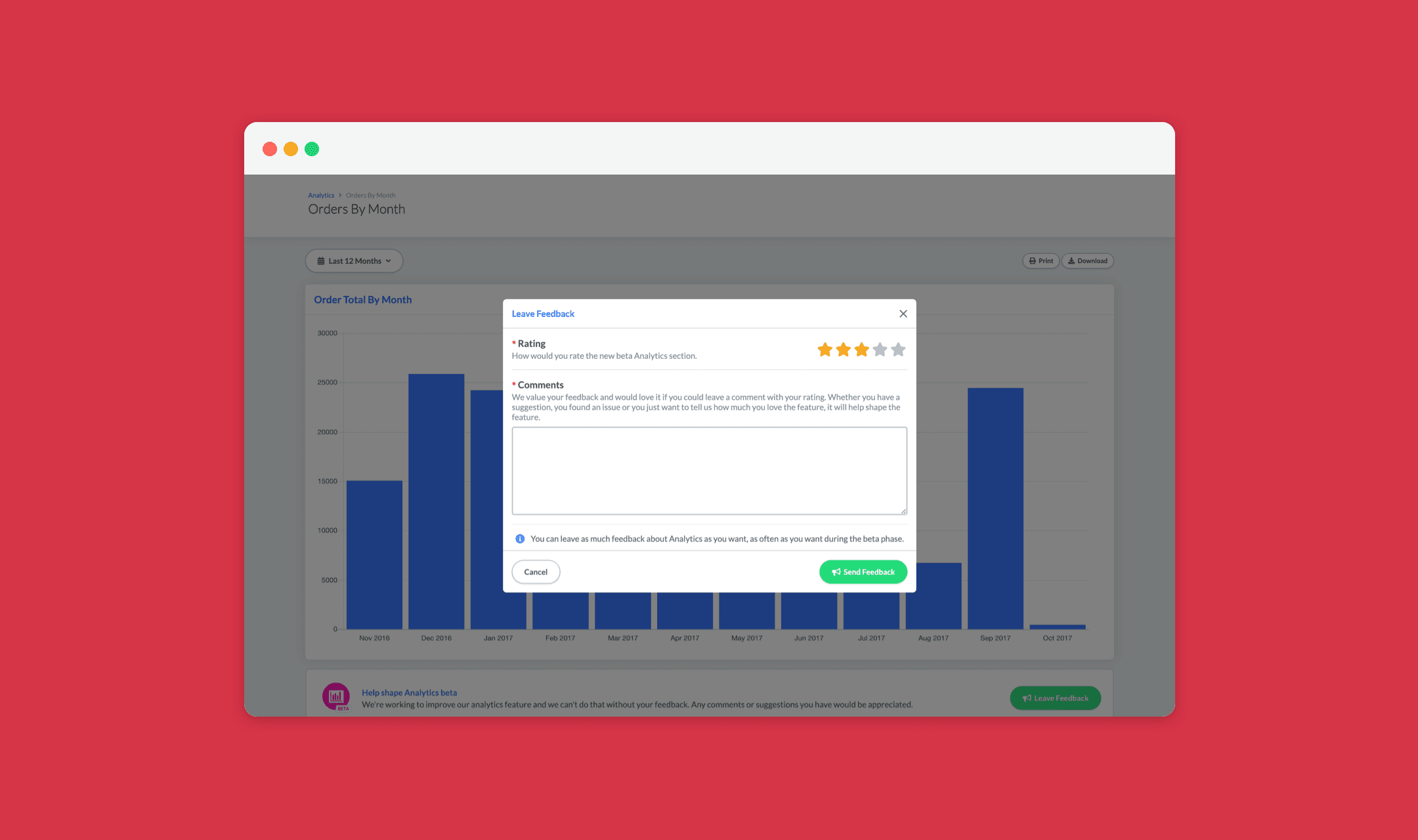 Leave Feedback dialogue with star rating and comments box over the EKM Orders By Month report
