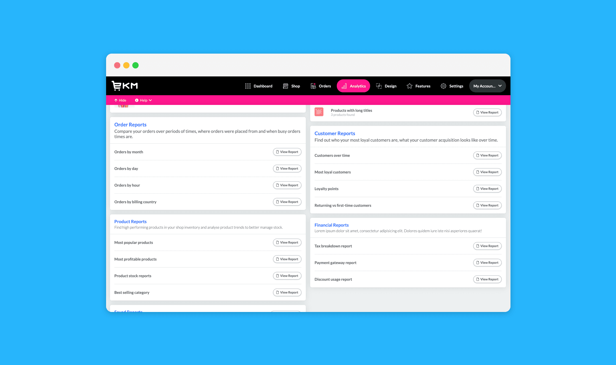 EKM Analytics mockup listing order, product, customer and financial reports, each with a View Report button