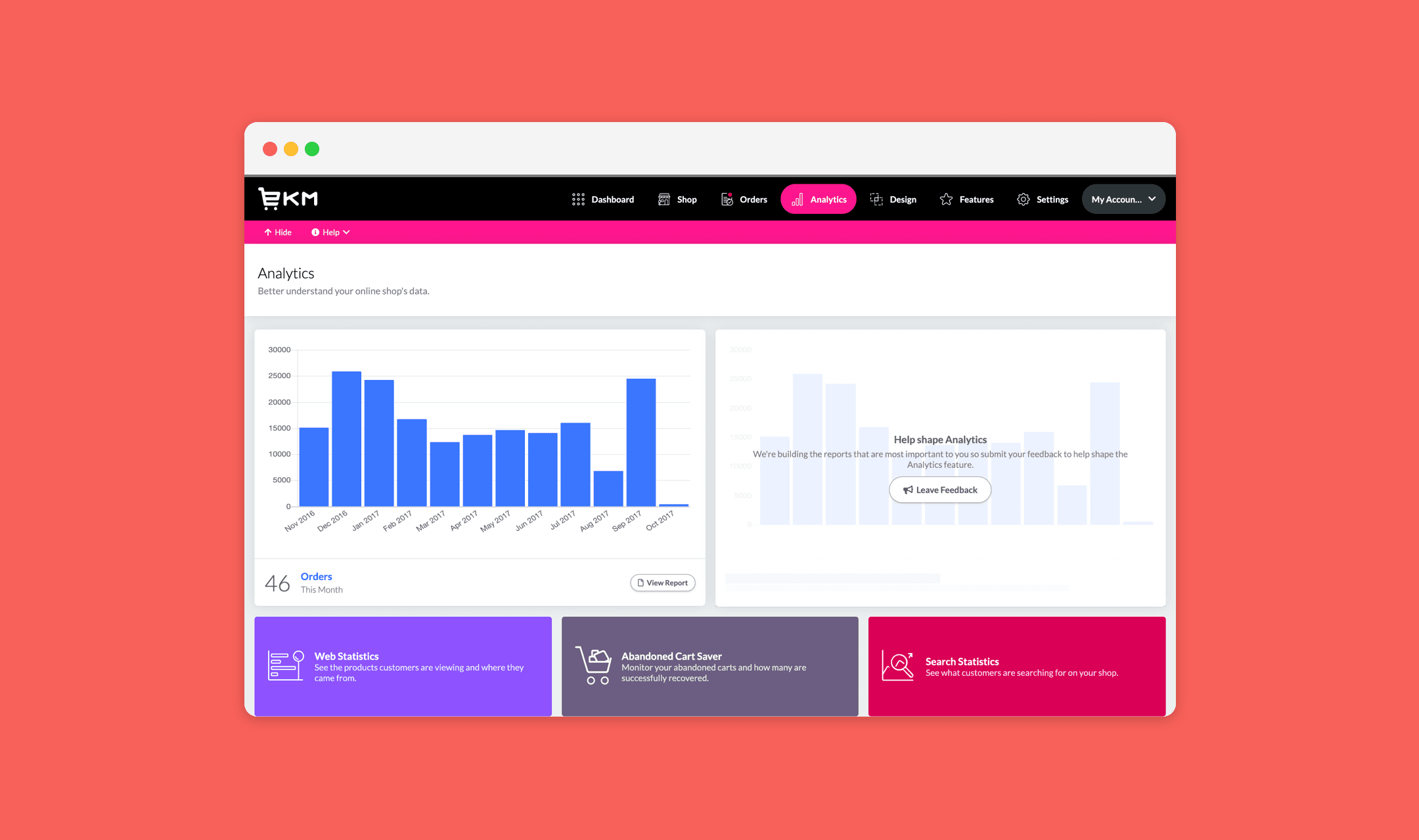 EKM Analytics dashboard mockup with a monthly orders bar chart, feedback panel and statistics feature tiles