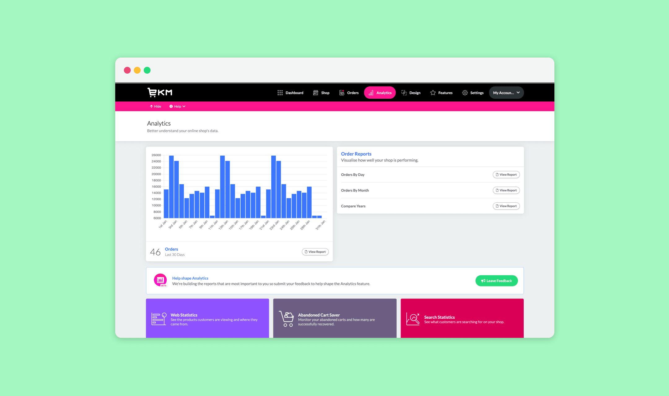 EKM Analytics dashboard mockup showing a daily orders chart, order reports list and statistics tiles