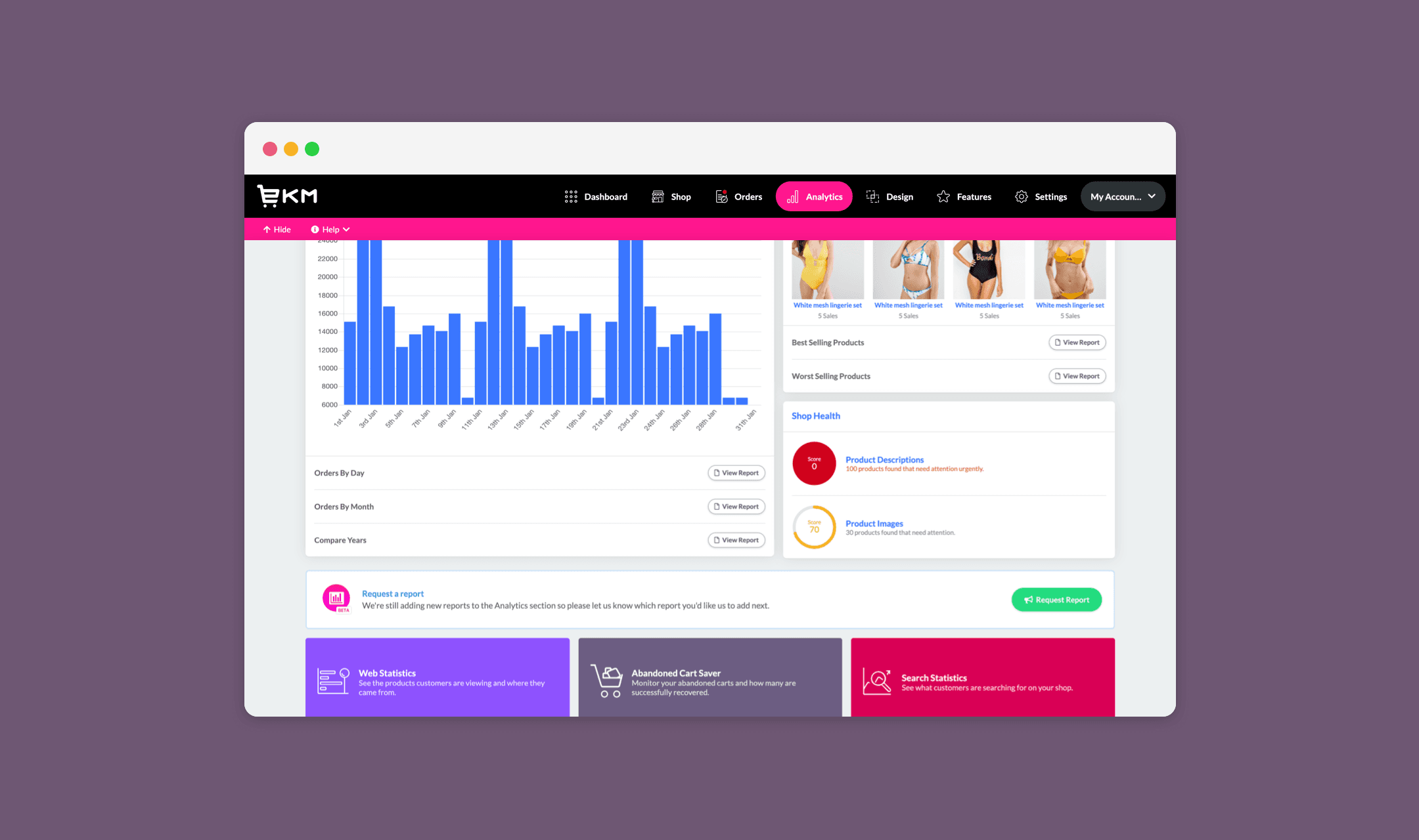 EKM Analytics concept with daily orders chart, best-selling products, Shop Health scores and report links