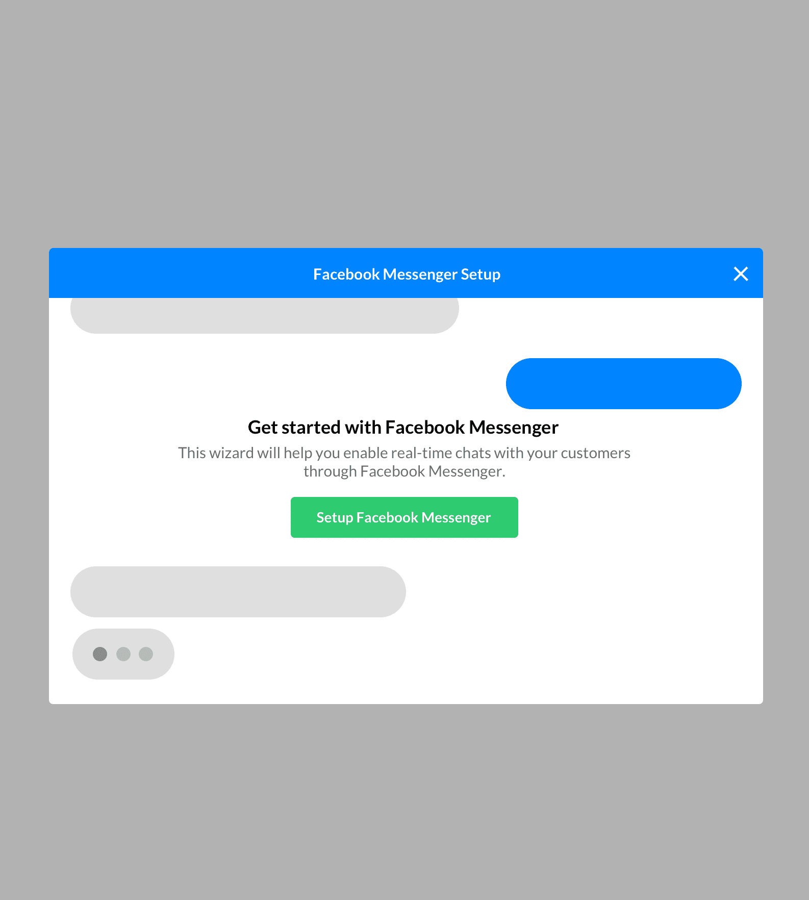 Facebook Messenger Setup wizard welcome screen with a green Setup Facebook Messenger button over a mock chat