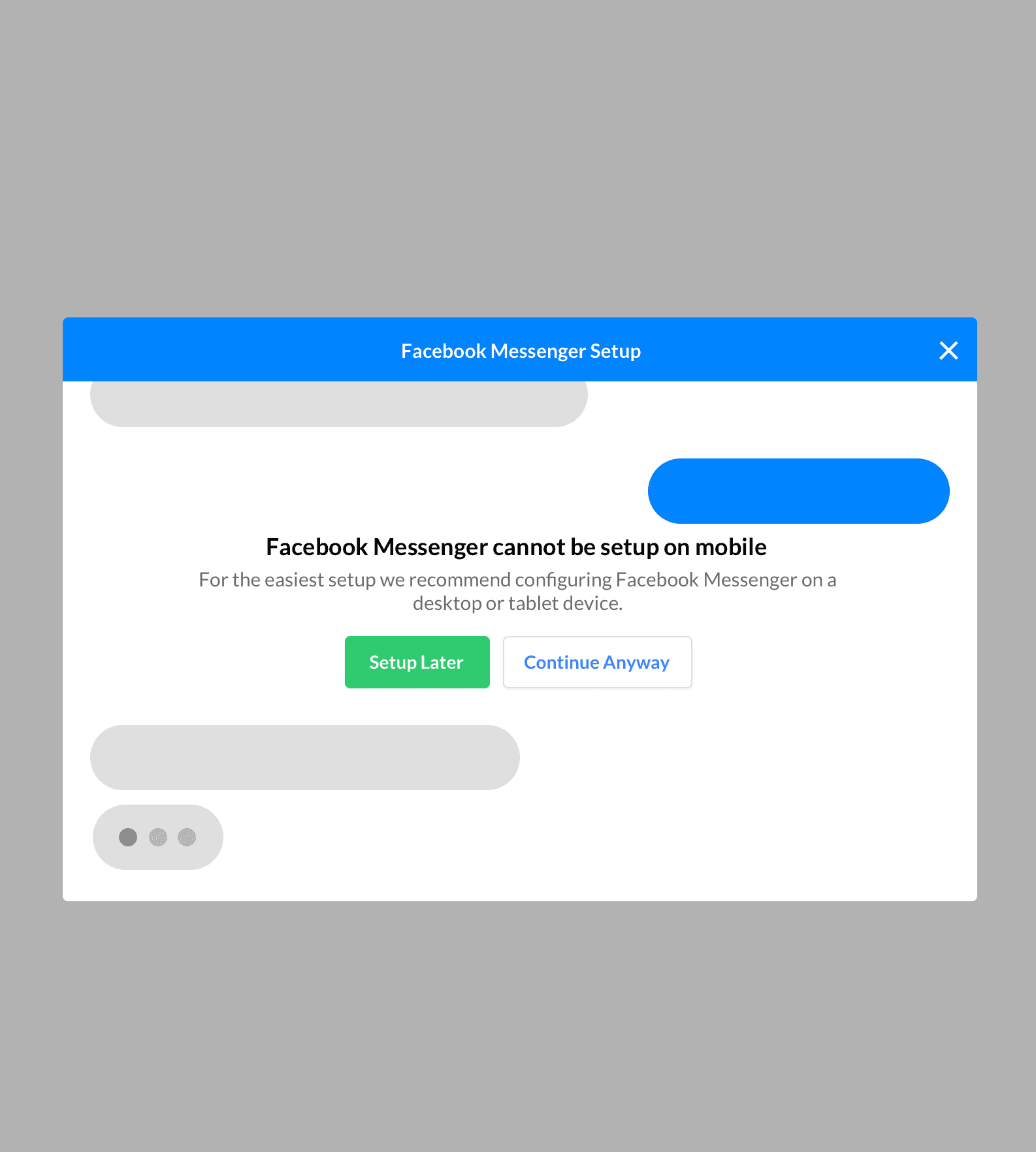Facebook Messenger Setup dialogue warning that setup cannot be completed on mobile