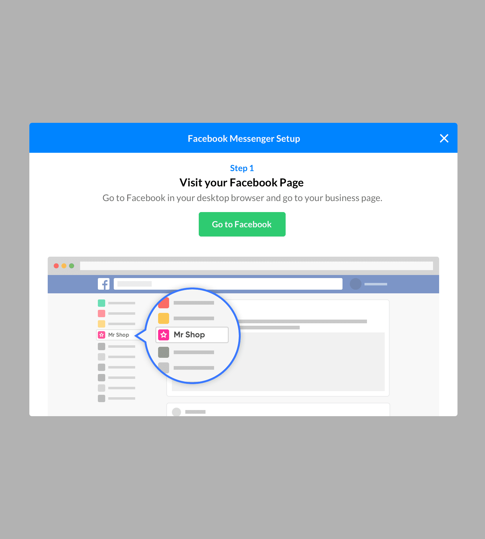 Facebook Messenger setup wizard step one, Visit your Facebook Page, highlighting the shop page in a mock Facebook sidebar