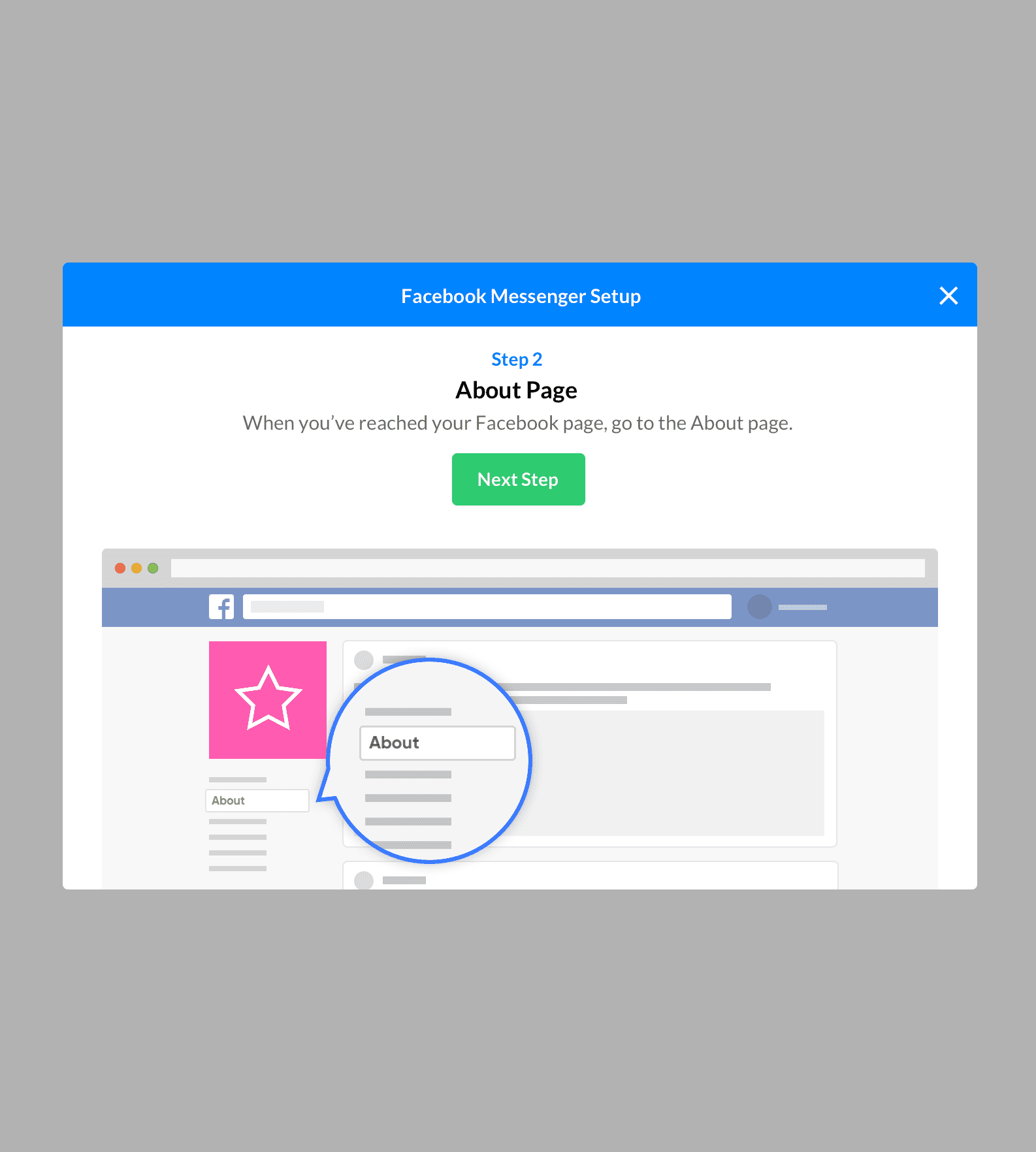 Messenger setup wizard step two highlighting the About link on a mock Facebook page