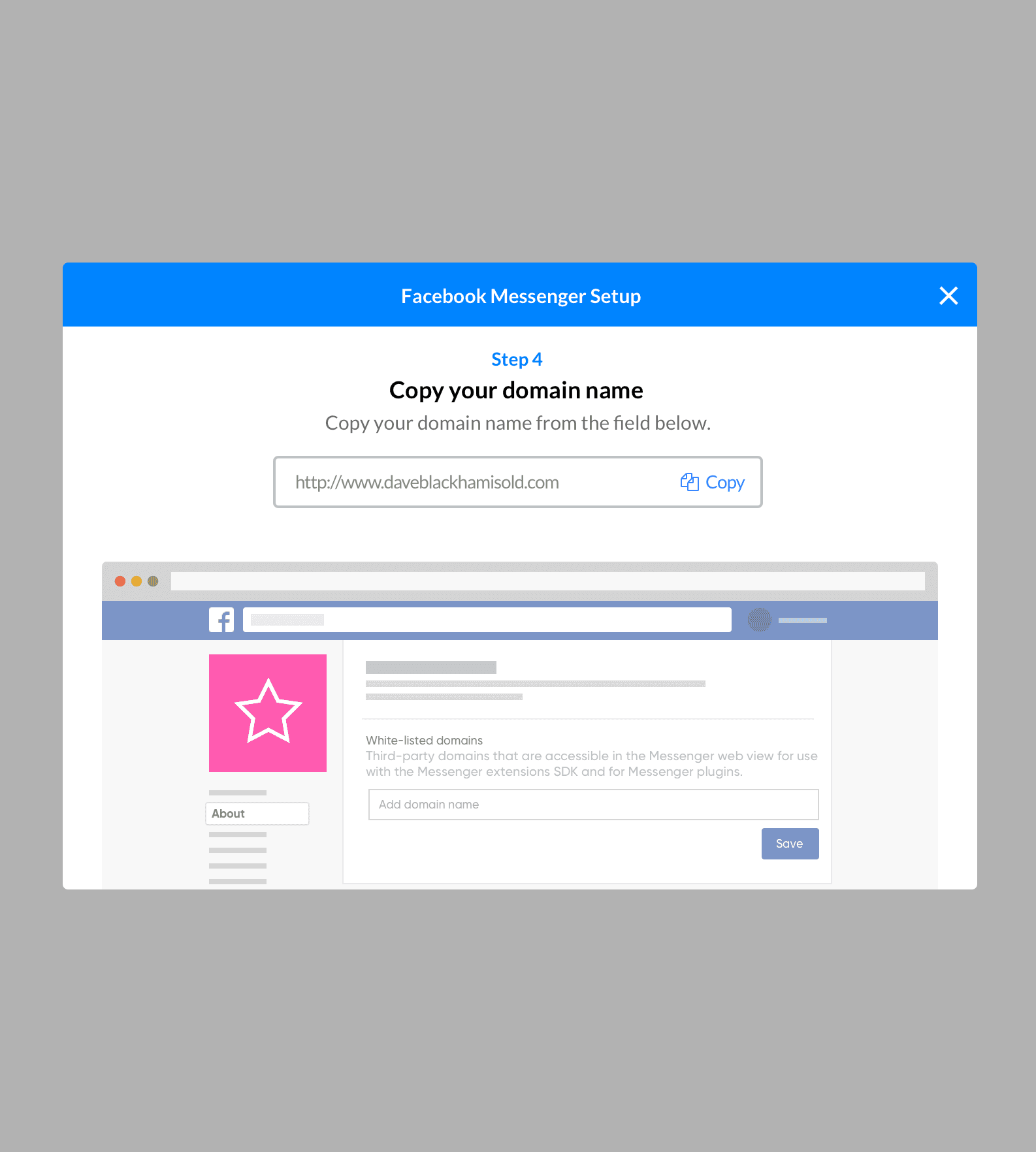 Wizard step four, Copy your domain name, showing a copy field above Facebook’s white-listed domains settings