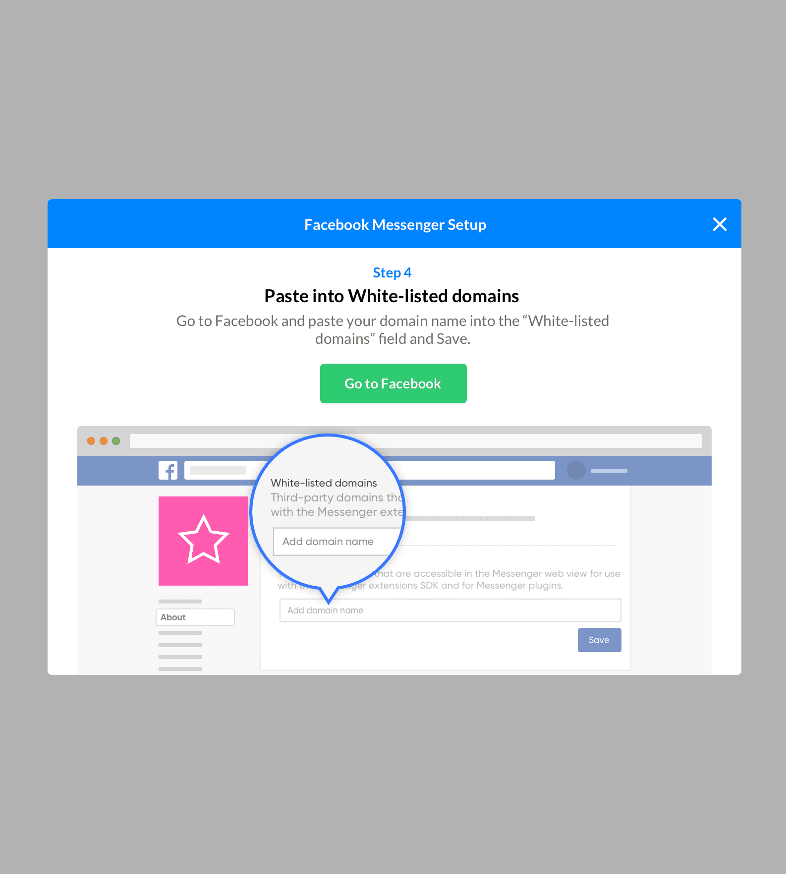 Facebook Messenger setup wizard step four, showing where to paste your domain into Facebook’s white-listed domains field