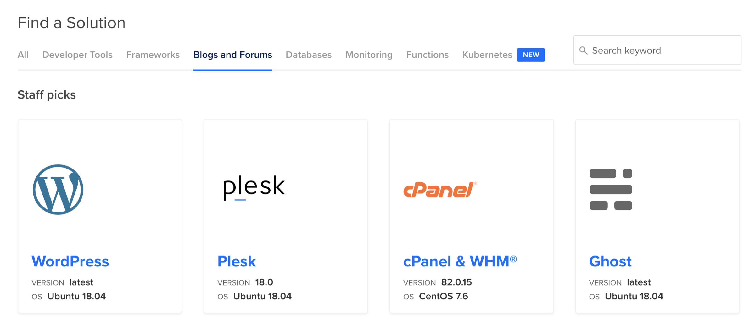 DigitalOcean ‘Find a Solution’ marketplace listing WordPress, Plesk, cPanel and Ghost one-click images