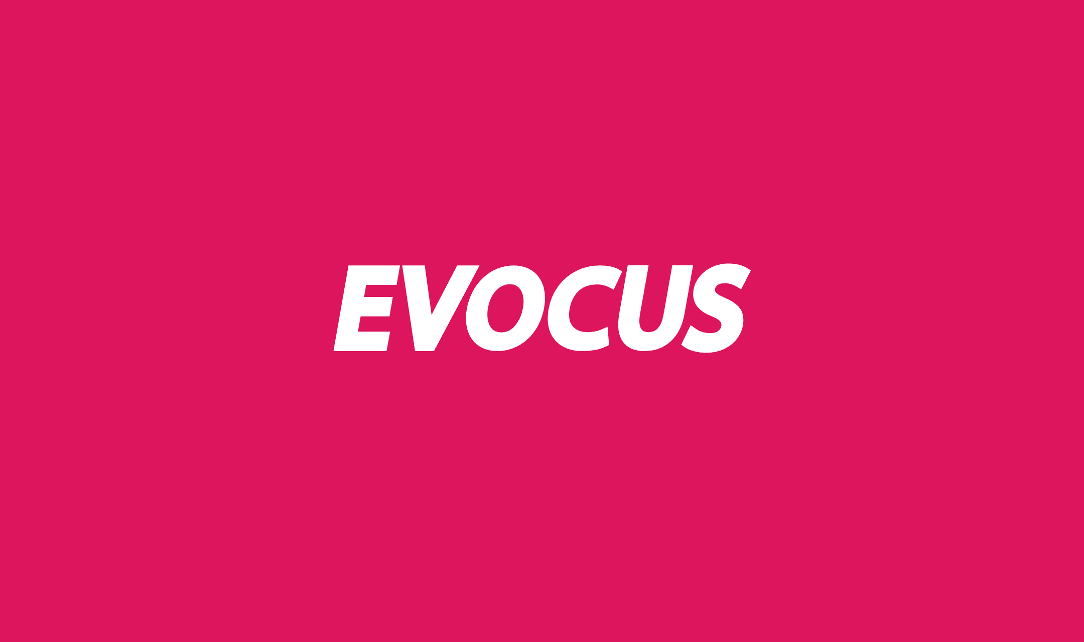 Evocus logo in bold white italic capitals on a magenta background