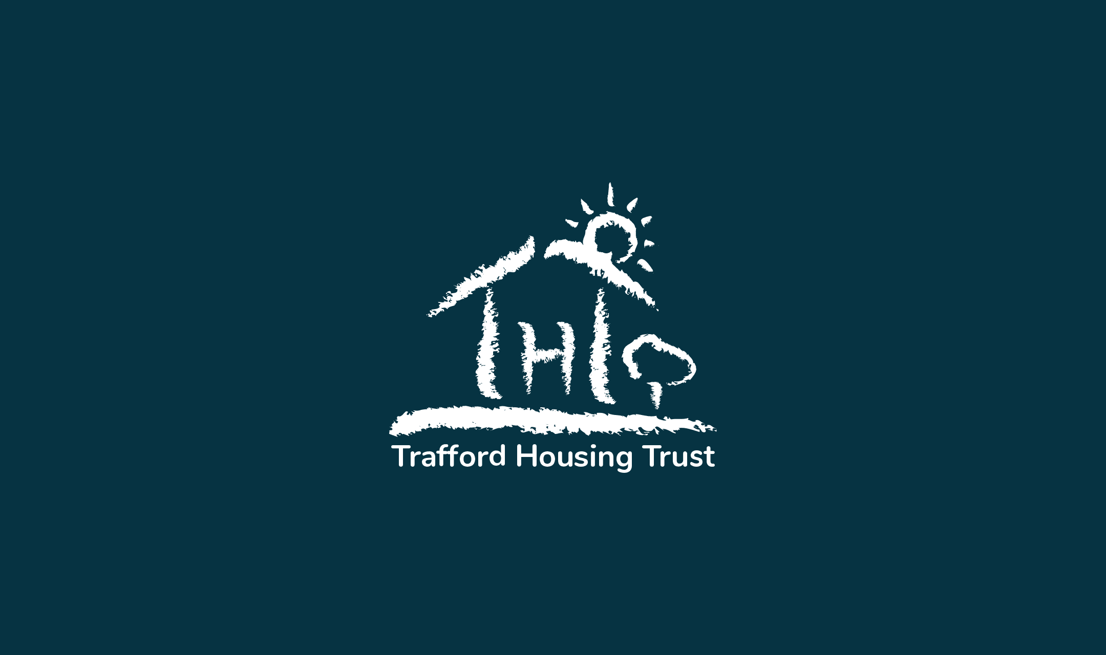 Trafford Housing Trust logo, a chalk-drawn house with sun and tree, on dark teal