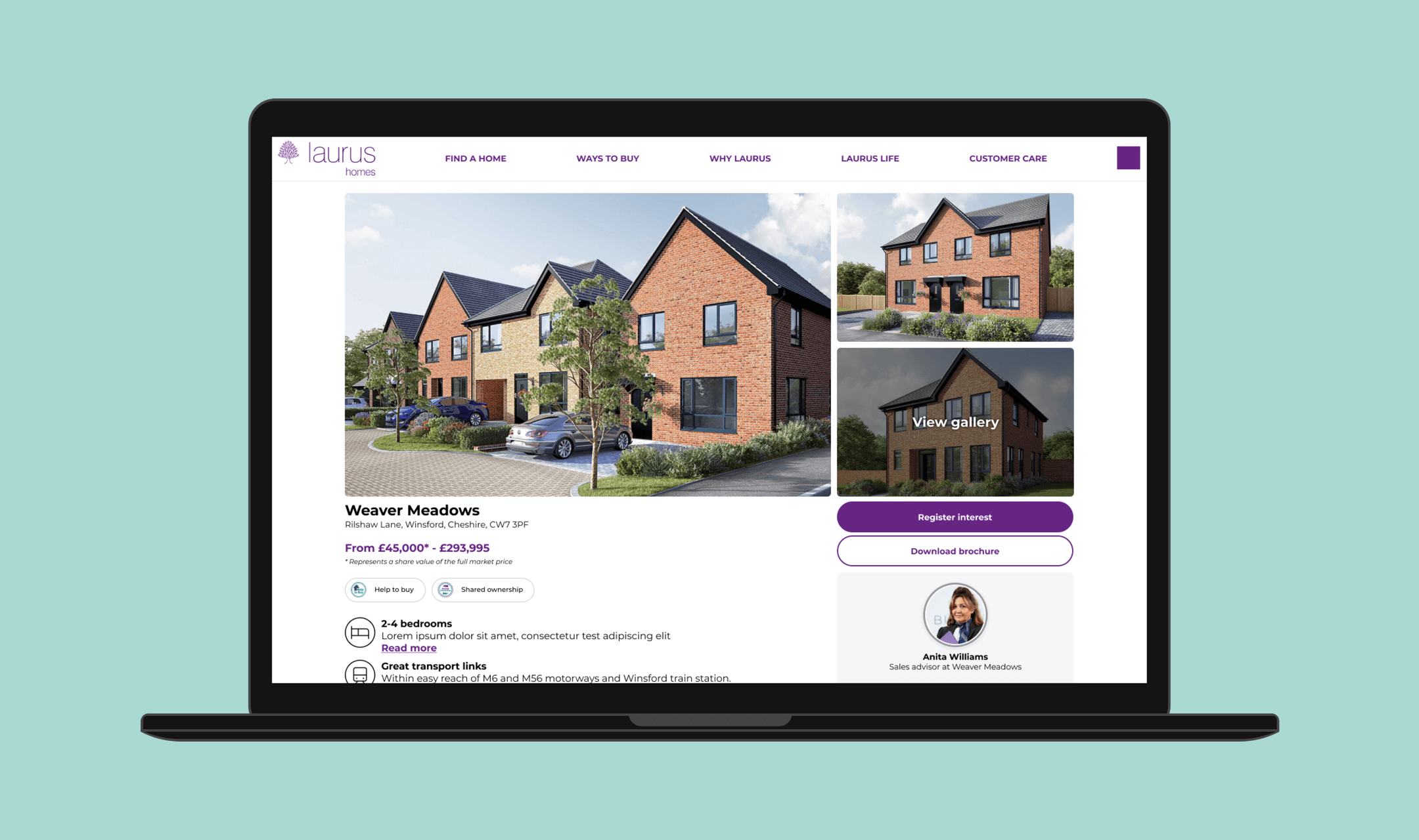 Laptop mockup of a Laurus Homes development page with photos, prices and register interest buttons