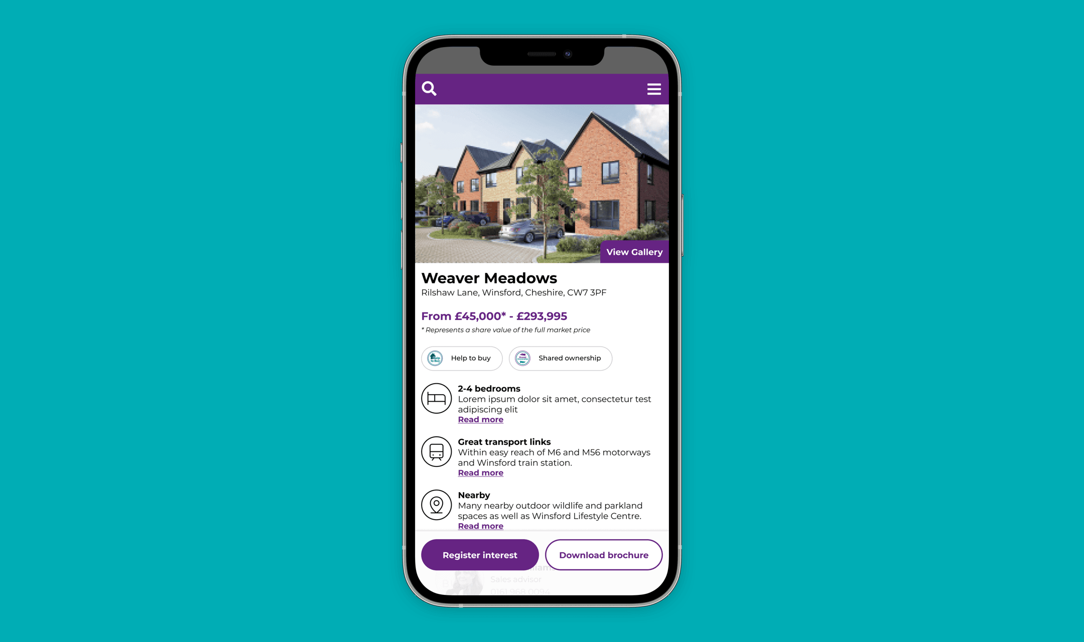 Mobile prototype of a Weaver Meadows development page with photo, prices, key details and register interest buttons