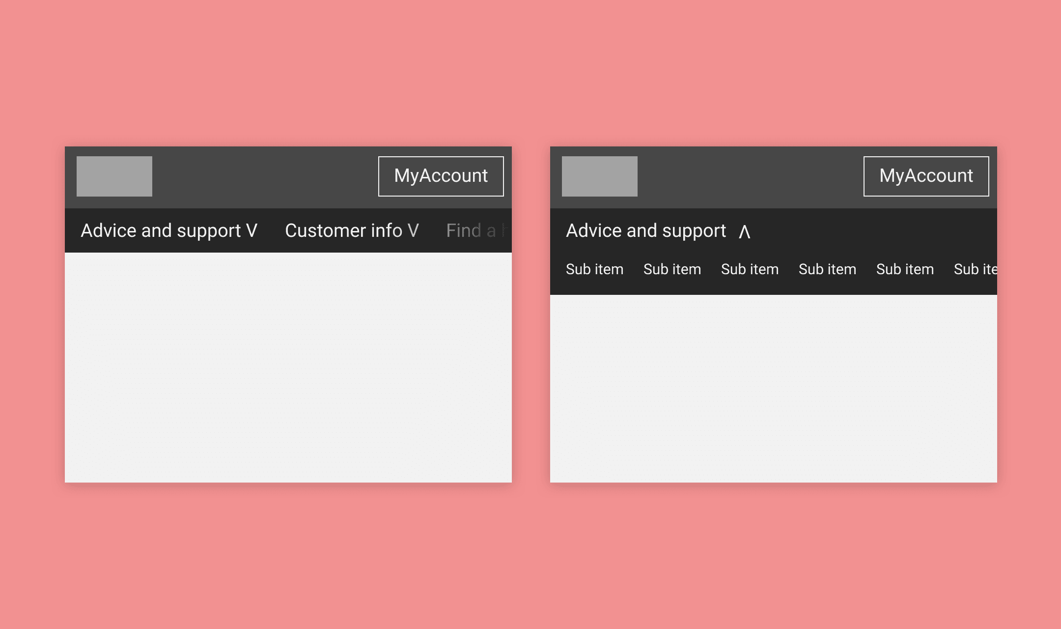 Mobile navigation mockups showing the Advice and support menu closed, then expanded to reveal sub items