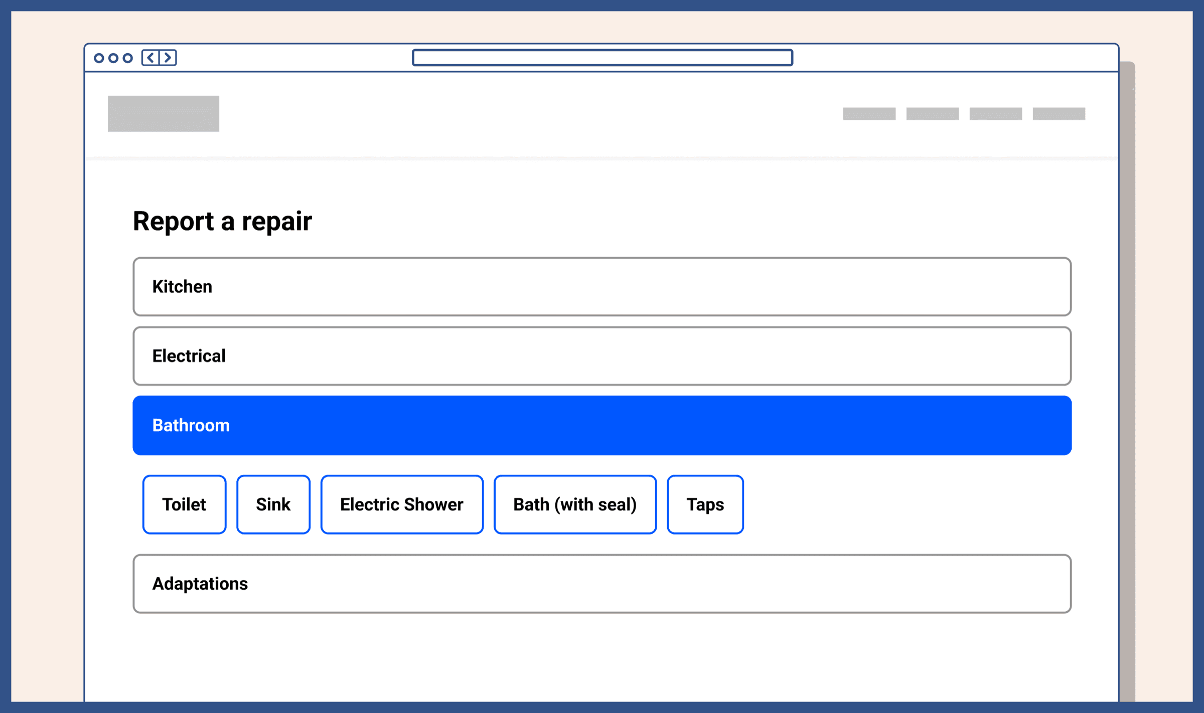 Report a repair screen with room categories and Bathroom selected, revealing repair type options