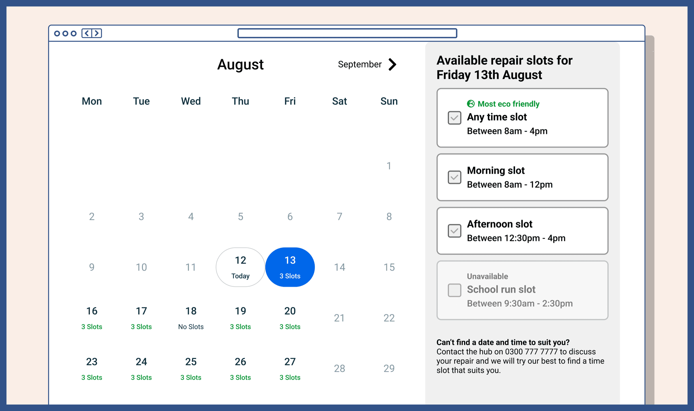 Repair booking calendar for August alongside available time slots for Friday 13th August