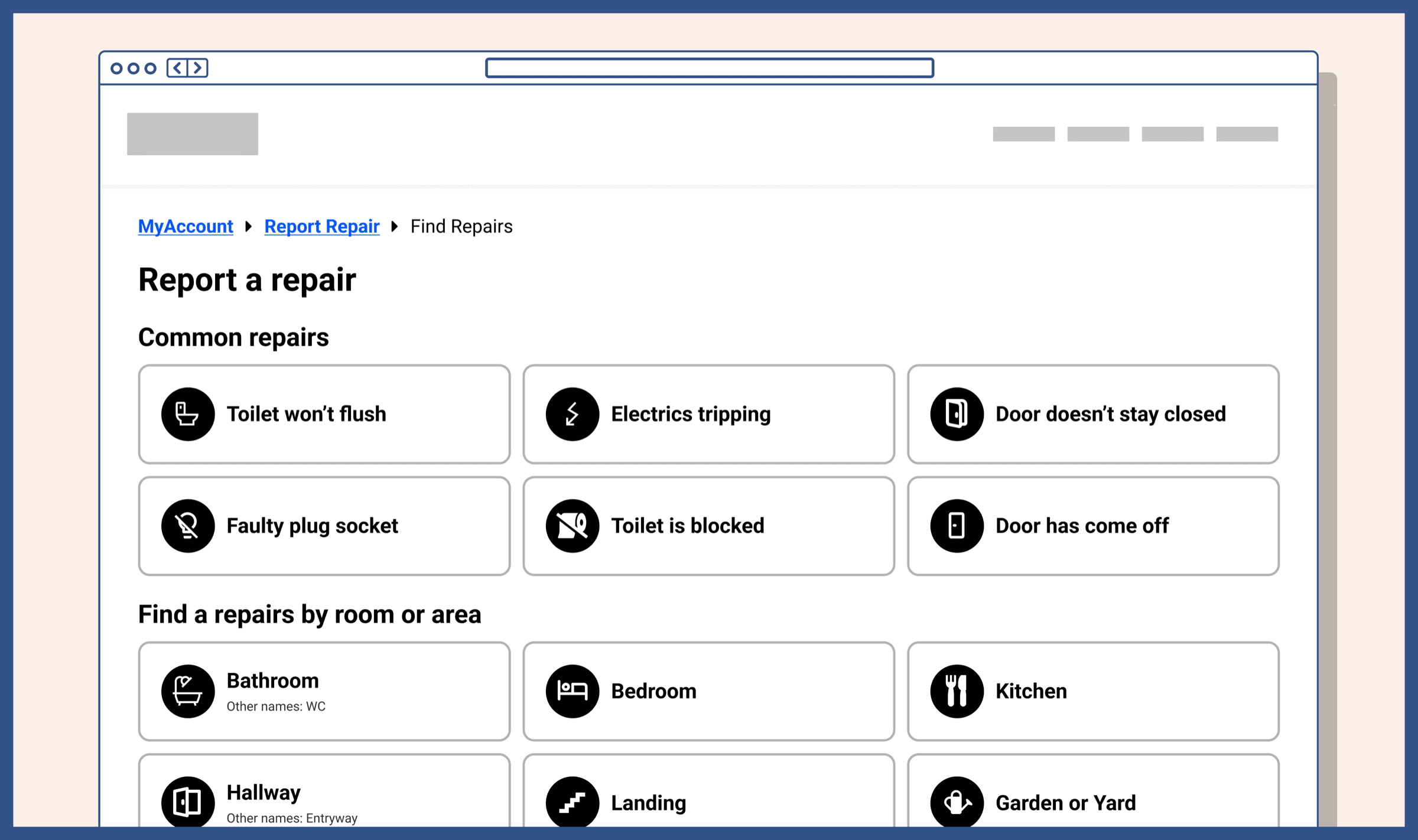 MyAccount Report a repair page mockup showing common repair options and room-by-room category cards