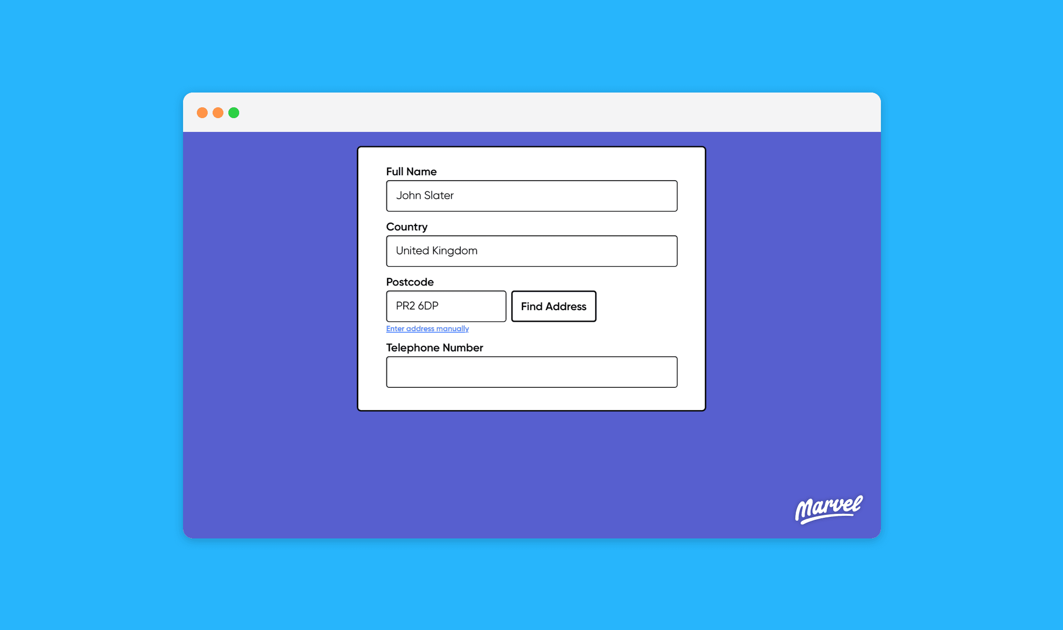 Marvel prototype of a checkout form with name, country, postcode lookup and telephone fields