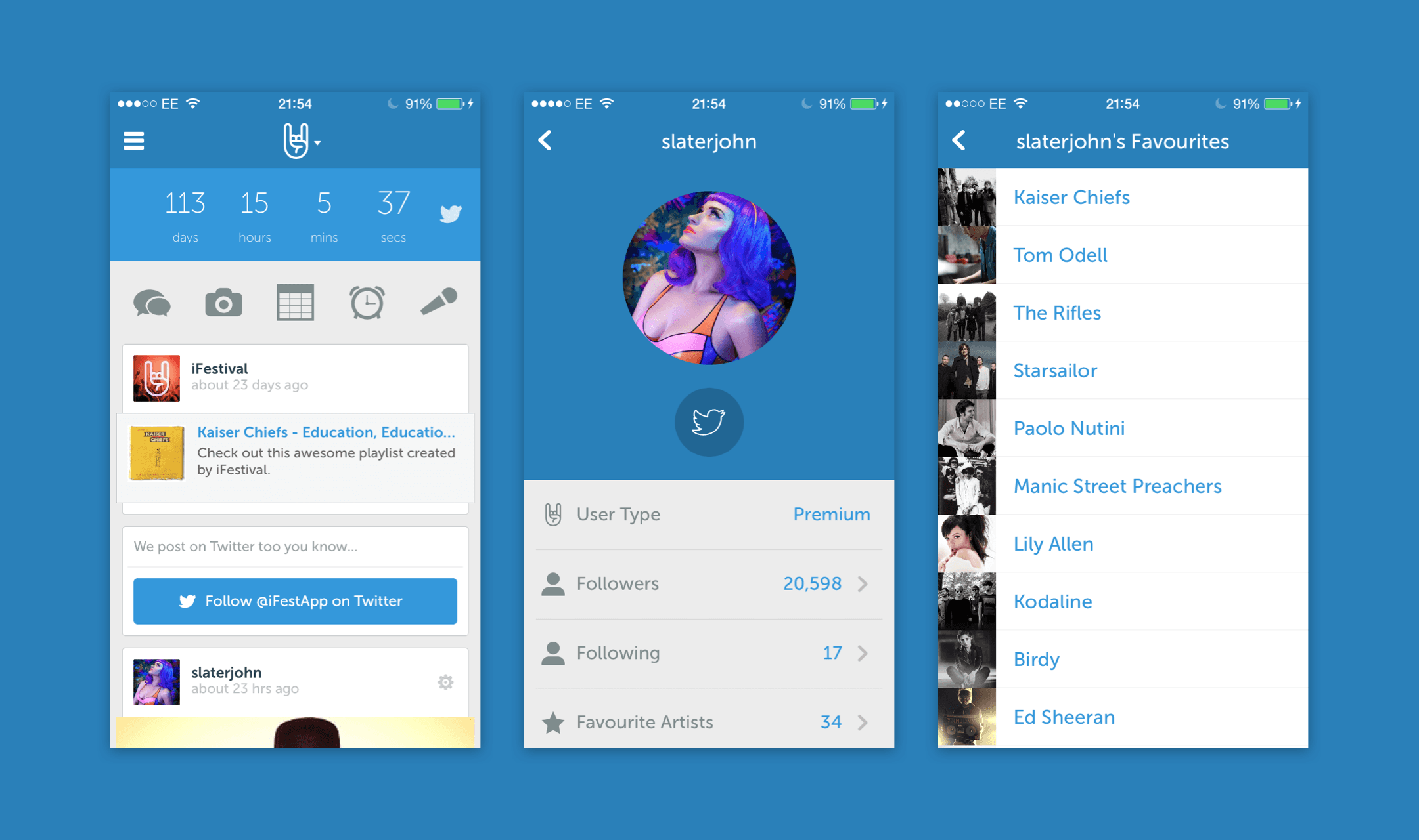 Three iFestival app screens showing festival countdown, a user profile and favourite artists list