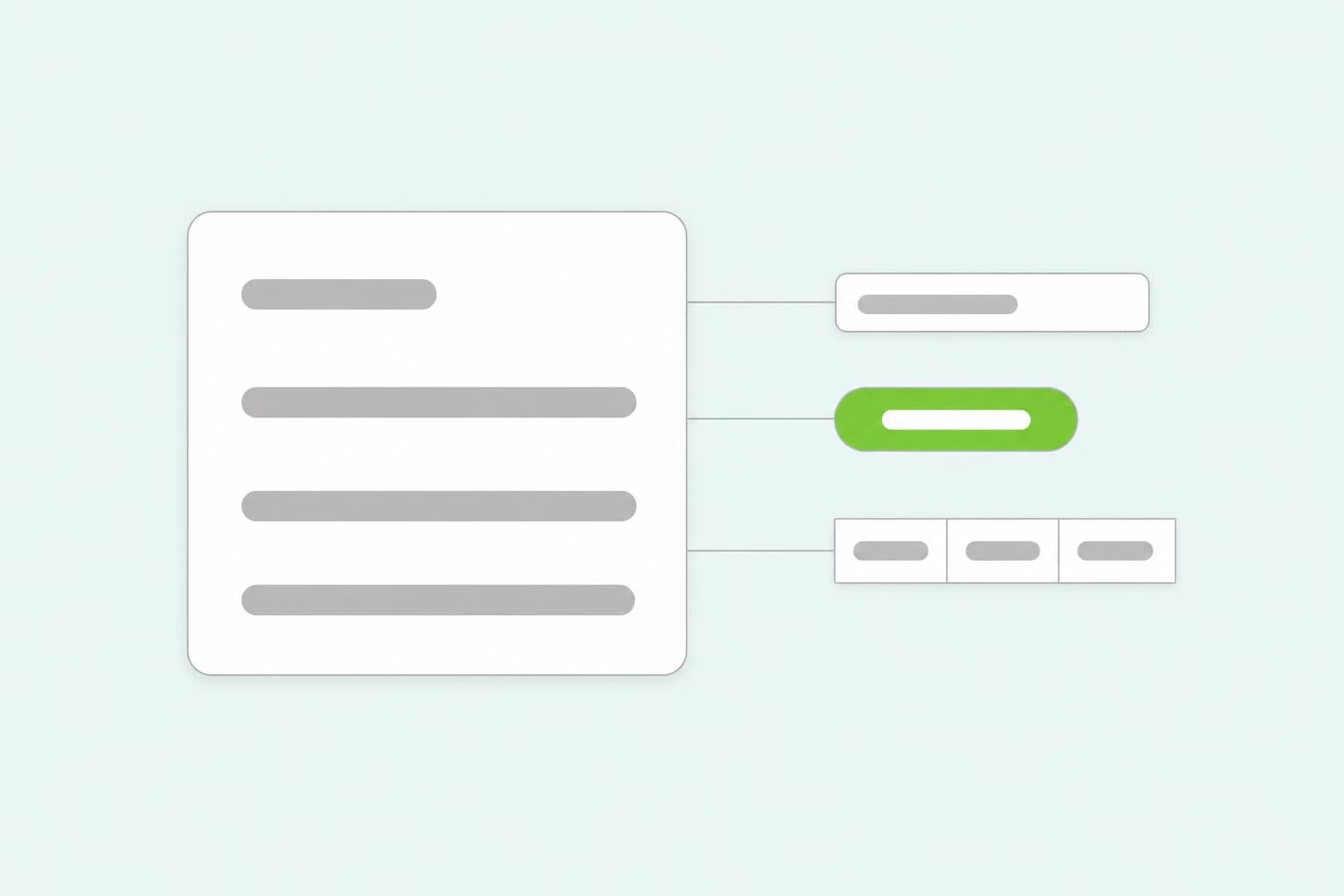 Flat illustration of a large document card connected by lines to three smaller interface elements on a pale mint background